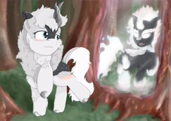 Size: 4960x3508 | Tagged: safe, artist:avacz, imported from derpibooru, oc, kirin, nirik, cute, fire, forest, horn, kirin oc, kirin-ified, magic, mirror, nature, reflection, shiny, smiling, species swap, tree