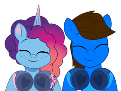 Size: 1024x768 | Tagged: safe, artist:bluemario11, artist:prixy05, edit, imported from derpibooru, oc, oc:blue thunder, pegasus, pony, unicorn, colored hooves, colored horn, duo, duo male and female, eyes closed, female, g5, hooves, horn, male, mare, misty brightdawn, my little pony: tell your tale, rebirth misty, simple background, stallion, transparent background