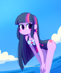 Size: 1100x1320 | Tagged: safe, artist:riouku, imported from derpibooru, twilight sparkle, human, equestria girls, clothes, cloud, cute, cutie mark on human, female, ocean, one-piece swimsuit, sky, smiling, solo, swimsuit, twiabetes, water