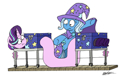 Size: 2337x1441 | Tagged: safe, artist:bobthedalek, imported from derpibooru, starlight glimmer, trixie, pony, unicorn, assistant, bipedal, box, box sawing trick, clothes, duo, female, horn, inconvenient, inconvenient trixie, long glimmer, long pony, lore, magic, magic show, magic trick, mare, meme, mistakes were made, not salmon, origin story, shoes, simple background, wat, white background, you had one job