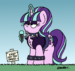 Size: 1463x1380 | Tagged: safe, artist:bobthedalek, imported from derpibooru, starlight glimmer, pony, unicorn, belt, choker, clothes, edgelight glimmer, eyeshadow, female, first world anarchist, food, fuck the police, horn, ice cream, jacket, keep off the grass, levitation, magic, makeup, mare, pure unfiltered evil, rule breaking, sign, spiked choker, teenage glimmer, telekinesis, thug life, tongue out