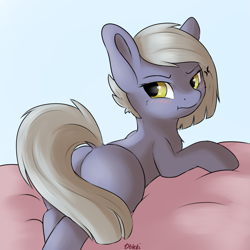 Size: 2449x2449 | Tagged: safe, artist:dbleki, imported from derpibooru, limestone pie, earth pony, pony, :t, angry, back, blush lines, blushing, butt, covering, cross-popping veins, cute, dock, emanata, female, fluffy, leaning, limabetes, limestonebutt, looking back, lying down, madorable, mare, plot, prone, solo, tail, tail covering