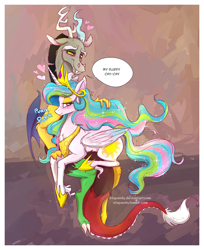 Size: 1100x1347 | Tagged: safe, artist:stepandy, imported from derpibooru, discord, princess celestia, classical unicorn, draconequus, unicorn, dungeons and discords, behaving like a cat, blushing, cay-cay, chest fluff, cloven hooves, cute, cutelestia, dislestia, female, heart, horn, leonine tail, male, my little pony, petting, pinklestia, purring, shipping, straight, unshorn fetlocks