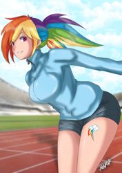 Size: 1200x1692 | Tagged: safe, artist:fenrox, imported from derpibooru, rainbow dash, human, alternative cutie mark placement, big breasts, breasts, busty rainbow dash, clothes, cutie mark on human, female, humanized, running track, shorts, solo, tracksuit