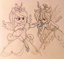 Size: 2813x2567 | Tagged: safe, artist:dariarchangel, imported from derpibooru, princess cadance, queen chrysalis, human, alicorn wings, cadalis, clothes, crooked horn, crown, cute, cutealis, cutedance, dress, duo, duo female, eared humanization, female, flirting, floppy ears, gloves, gown, hand behind back, hand kiss, horn, horned humanization, humanized, infidelity, insect wings, jewelry, lesbian, lidded eyes, long hair, looking at each other, looking at someone, monochrome, necklace, one eye closed, pearl necklace, pen drawing, pen sketch, princess, puffy sleeves, queen, regalia, shipping, sketch, slender, smiling, smiling at each other, thin, torn clothes, torn hair, torn wings, traditional art, unicorn horn, winged humanization, wings