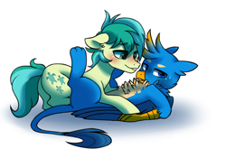 Size: 1066x746 | Tagged: safe, artist:pandemiamichi, imported from derpibooru, gallus, sandbar, earth pony, griffon, pony, school daze, blushing, butt, chest fluff, cute, eyebrows, eyebrows visible through hair, gallabetes, gallbar, gay, griffon x pony, interspecies, male, my little pony, paws, plot, sandabetes, shading, shipping, simple background, stallion, teenager, white background