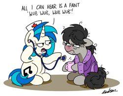 Size: 2190x1702 | Tagged: safe, artist:bobthedalek, imported from derpibooru, dj pon-3, octavia melody, vinyl scratch, earth pony, pony, unicorn, annoyed, bathrobe, clothes, female, hat, horn, mare, mug, nurse hat, octavia is not amused, red nosed, redraw, robe, sick, simple background, stethoscope, unamused, white background, wub