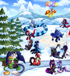 Size: 6674x7334 | Tagged: safe, artist:madelinne, imported from derpibooru, oc, oc only, oc:dusk cello, oc:madelinne, oc:triksa, bat pony, lamia, original species, pony, balloon, clothes, cloud, mountain, snow, snowball, snowball fight, socks, tree