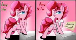 Size: 3000x1600 | Tagged: safe, artist:madacon, imported from derpibooru, pinkie pie, earth pony, pony, clothes, comparison, female, know the difference, mare, panties, shirt, solo, thong, underwear, we don't normally wear clothes