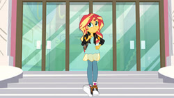 Size: 1920x1080 | Tagged: safe, artist:mlpfan3991, imported from derpibooru, sunset shimmer, human, equestria girls, backpack, canterlot high, clothes, converse, denim, female, game stream outfit, jacket, jeans, pants, shirt, shoes, skirt, smiling, sneakers, solo, steps, walking