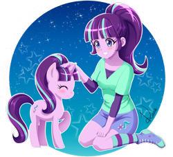 Size: 2568x2335 | Tagged: safe, artist:karis-coba, imported from derpibooru, starlight glimmer, human, pony, equestria girls, blushing, clothes, converse, cute, equestria girls-ified, eyes closed, female, glimmerbetes, grin, human ponidox, kneeling, mare, petting, ponytail, raised hoof, self paradox, self ponidox, shirt, shoes, simple background, sitting, skirt, smiling, sneakers, socks, sparkles, stars, striped socks, transparent background