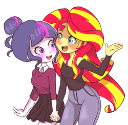 Size: 2468x2431 | Tagged: safe, artist:chibicmps, imported from derpibooru, sci-twi, sunset shimmer, twilight sparkle, human, equestria girls, blushing, clothes, cute, denim, female, holding hands, jeans, lesbian, my little pony equestria girls: friendship games, off shoulder, pants, sci-twishimmer, shipping, sunsetsparkle