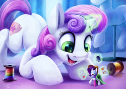 Size: 1200x847 | Tagged: safe, artist:tsitra360, imported from derpibooru, rarity, sweetie belle, pony, unicorn, carousel boutique, clothes, eyes closed, hat, horn, indoors, jewelry, magic, micro, necklace, open mouth, rainbow thread, saddle, size difference, tack, telekinesis, thread