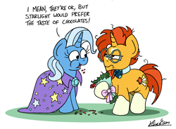 Size: 2268x1665 | Tagged: safe, artist:bobthedalek, imported from derpibooru, sunburst, trixie, pony, unicorn, backwards cutie mark, blaze (coat marking), bouquet, bowtie, coat markings, duo, eating, eating flower, facial markings, female, flower, hearts and hooves day, herbivore, hoof hold, horn, horses doing horse things, implied shipping, implied starburst, implied straight, inconvenient trixie, male, mare, socks (coat markings), stallion, sunburst is not amused, unamused