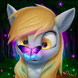 Size: 1500x1500 | Tagged: safe, artist:the1xeno1, imported from derpibooru, derpy hooves, butterfly, pegasus, pony, butterfly on nose, cute, derpabetes, female, fluffy, insect on nose, mare, smiling, tree, weapons-grade cute