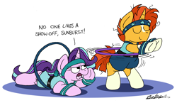 Size: 2408x1400 | Tagged: safe, artist:bobthedalek, imported from derpibooru, starlight glimmer, sunburst, pony, unicorn, alternate hairstyle, belt, bipedal, blaze (coat marking), clothes, coat markings, dialogue, exercise, eyes closed, facial markings, female, horn, hula, loop-de-hoop, male, mare, ponytail, shorts, simple background, smiling, socks (coat markings), stallion, starlight glimmer is not amused, sweatband, unamused, vest, white background, workout outfit, wristband