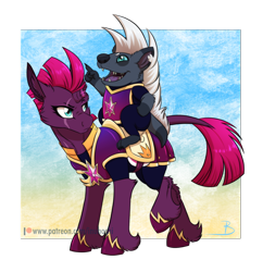 Size: 1600x1655 | Tagged: safe, artist:inuhoshi-to-darkpen, imported from derpibooru, fizzlepop berrytwist, grubber, tempest shadow, pony, unicorn, my little pony: the movie, annoyed, armor, broken horn, duo, dusk guard, eye scar, eyebrows, facial scar, female, gradient background, horn, leonine tail, mare, patreon, patreon logo, raised eyebrow, riding, royal guard, scar, tail, tempest becomes a royal guard, tempest shadow is not amused, torn ear, twilight's royal guard, unamused, unshorn fetlocks