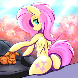 Size: 1200x1200 | Tagged: safe, artist:canister, imported from derpibooru, fluttershy, eevee, pegasus, pony, semi-anthro, arm hooves, butt, female, flutterbutt, looking back, mare, petting, plot, pokémon, pokémon red and blue, tree