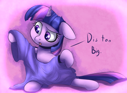 Size: 2855x2100 | Tagged: safe, artist:sourspot, artist:verulence, imported from derpibooru, twilight sparkle, pony, unicorn, clothes, collaboration, cute, dialogue, female, horn, open mouth, oversized clothes, oversized shirt, shirt, solo, twiabetes