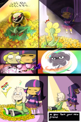 Size: 2000x3000 | Tagged: safe, artist:daughter-of-fantasy, imported from derpibooru, twilight sparkle, human, :|, =~=, asriel dreemurr, comic, crossover, dialogue, dragging, flowey, friendship, frisk, frown, glare, glowing, glowing eyes, good end, grin, horn wand, humanized, magic, open mouth, pulling, shivering, smiling, smirk, spoilers for another series, sweat, twilight friskle, undertale, wand, wat, wide eyes