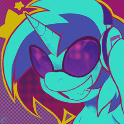 Size: 1000x1000 | Tagged: safe, artist:moonixora, imported from derpibooru, dj pon-3, vinyl scratch, pony, unicorn, glasses, headphones, horn, icon, lightly watermarked, multicolored mane, profile picture, simple background, smiling, solo, watermark