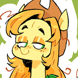 Size: 1080x1080 | Tagged: safe, artist:batzy-artz, imported from derpibooru, part of a set, applejack, earth pony, pony, alternate coat color, alternate color palette, alternate design, alternate hairstyle, alternate mane color, applejack's hat, cowboy hat, eyelashes, eyeshadow, female, freckles, green eyes, hat, lidded eyes, long neck, looking away, makeup, mare, no pupils, orange eyeshadow, orange mane, redesign, screentone, shiny mane, smiling, solo, stetson, three quarter view, watermark, yellow coat