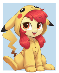 Size: 2048x2560 | Tagged: safe, imported from derpibooru, apple bloom, earth pony, pikachu, pony, :3, :d, ai composition, ai content, blushing, buttons, clothes, cute, female, filly, foal, full body, hood up, hoodie, light blue background, looking at you, onesie, open mouth, open smile, passepartout, pikabloom, pikachu costume, pokémon, simple background, sitting, smiling, solo, voice actor joke