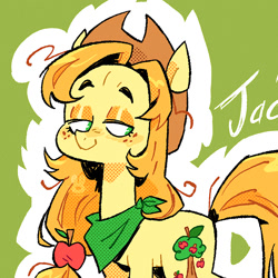 Size: 1080x1080 | Tagged: safe, artist:batzy-artz, imported from derpibooru, part of a set, applejack, earth pony, pony, alternate coat color, alternate color palette, alternate cutie mark, alternate design, alternate hairstyle, alternate mane color, alternate tail color, applejack's hat, bandana, cowboy hat, cutie mark accessory, cutie mark hair accessory, eyelashes, eyeshadow, female, freckles, green eyes, hair accessory, hairclip, hat, lidded eyes, long neck, looking away, looking back, makeup, mare, name, neckerchief, no pupils, orange eyeshadow, orange mane, orange tail, ponytail, redesign, screentone, shiny mane, smiling, solo, standing, stetson, tail, three quarter view, tied mane, watermark, yellow coat