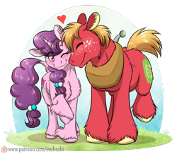 Size: 1840x1603 | Tagged: safe, artist:inuhoshi-to-darkpen, imported from derpibooru, big macintosh, sugar belle, earth pony, pony, unicorn, hard to say anything, blushing, cute, eyes closed, female, heart, horn, male, mare, my little pony, nuzzling, one eye closed, raised hoof, shipping, simple background, stallion, straight, sugarmac, transparent background, unshorn fetlocks