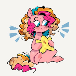 Size: 1080x1080 | Tagged: safe, artist:batzy-artz, imported from derpibooru, part of a set, stripes (g1), earth pony, pony, alternate design, alternate hairstyle, blue eyes, curly tail, emanata, eyelashes, female, freckles, g1, hoof hold, looking down, mare, multicolored mane, multicolored tail, not pinkie pie, pillow, pink coat, rainbow curl pony, raised hoof, screentone, short mane, simple background, smiling, solo, star pillow, tail, toy interpretation, underhoof, watermark, white background