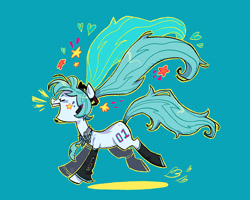 Size: 1350x1080 | Tagged: safe, artist:batzy-artz, imported from derpibooru, earth pony, pony, blue background, blue coat, blue mane, blue tail, clothes, emanata, eyelashes, eyes closed, female, floating heart, flowing mane, flowing tail, hairclip, hatsune miku, headset mic, heart, leg warmers, light blue coat, long mane, long tail, mare, microphone, necktie, open mouth, open smile, outline, pigtails, ponified, running, sailor collar, shiny mane, shiny tail, simple background, smiling, socks, solo, stars, tail, tied mane, twintails, vocaloid, watermark