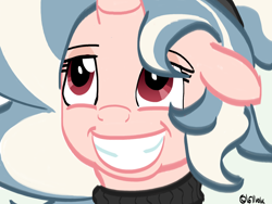 Size: 1600x1200 | Tagged: safe, artist:1611volk, imported from derpibooru, oc, oc only, oc:vivi poff, pony, unicorn, bust, clothes, female, floppy ears, grin, horn, mare, simple background, smiling, solo, sweater, turtleneck