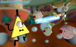 Size: 748x468 | Tagged: safe, artist:songokussjgodssj, imported from derpibooru, discord, 3d, bill cipher, blast, bowtie, cake, food, gravity falls, hat, top hat, triangle, watermark