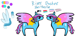 Size: 4200x2000 | Tagged: safe, artist:apple, imported from derpibooru, oc, oc only, oc:river dasher, pegasus, pony, bigender pride flag, both cutie marks, colored hooves, colored wings, demigirl pride flag, demiromantic pride flag, demisexual pride flag, ear, hooves, multicolored hair, multicolored mane, multicolored wings, pansexual pride flag, pegasus oc, ponified, pride, pride flag, rain world, solo, two toned mane, wings