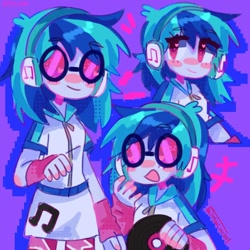 Size: 1280x1280 | Tagged: safe, artist:mari_uu00, imported from derpibooru, dj pon-3, vinyl scratch, human, equestria girls, blushing, emanata, eye clipping through hair, eyebrows, eyebrows visible through hair, female, glasses, headphones, heart, heart eyes, looking at you, multeity, record, signature, smiling, smiling at you, solo, wingding eyes