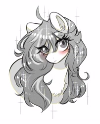 Size: 3000x3706 | Tagged: safe, artist:opalacorn, imported from derpibooru, oc, oc only, oc:tora, earth pony, pony, art trade, blushing, bust, chest fluff, female, grayscale, long eyelashes, looking at you, mare, monochrome, partial color, ponysona, simple background, solo, sparkles, white background