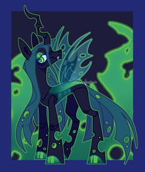 Size: 3200x3800 | Tagged: safe, artist:caramelushy, imported from derpibooru, queen chrysalis, changeling, changeling queen, colored hooves, concave belly, female, fire, green fire, hooves, slender, smiling, solo, thin