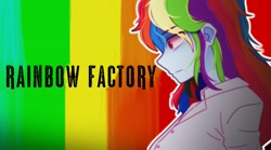 Size: 1999x1111 | Tagged: safe, artist:makaryo, imported from derpibooru, rainbow dash, human, fanfic:rainbow factory, equestria girls, bust, clothes, fanfic art, female, lab coat, rainbow background, rainbow factory dash, solo, title