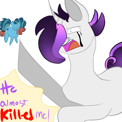 Size: 1280x1280 | Tagged: safe, imported from derpibooru, oc, oc:cottonswab, oc:misty, earth pony, unicorn, attempted murder, blue mane, curly tail, duo, emo mane, horn, makeup, male, my little pony: the protectors of harmony, offspring, parent:meadowbrook, parent:prince blueblood, parent:rarity, parent:somnambula, parents:meadownambula, parents:rariblood, peach mane, puffy mane, purple mane, purple text, red text, running makeup, stallion, tail, white coat, yelling