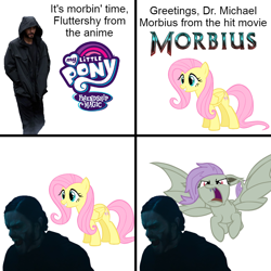 Size: 1000x1000 | Tagged: safe, editor:joshthepinkgump, imported from derpibooru, fluttershy, bat pony, human, pegasus, pony, 4 panel comic, bat ponified, comic, fangs, female, flutterbat, irl, irl human, it's morbin time, jared leto, mare, meme, morbius, my little pony logo, my little pony: friendship is magic logo, photo, race swap, simple background, white background