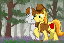 Size: 1800x1200 | Tagged: safe, artist:hoofclid, imported from derpibooru, braeburn, oc, oc:hoofclid, earth pony, pony, unicorn, canon x oc, duo, duo male, forest, gay, holding hooves, horn, looking at each other, looking at someone, male, nature, outdoors, rain, smiling, smiling at each other, stallion, tree, unshorn fetlocks