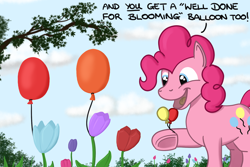 Size: 1800x1200 | Tagged: safe, artist:hoofclid, imported from derpibooru, pinkie pie, earth pony, pony, balloon, dialogue, female, flower, hoof hold, mare, open mouth, open smile, outdoors, smiling, solo, tulip, underhoof