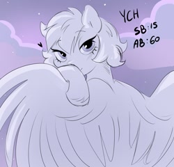 Size: 1269x1220 | Tagged: safe, artist:sparjechkaa, imported from derpibooru, pegasus, commission, evening, female, flirting, hiding face, looking at you, purple sky, solo, spread wings, wings, ych sketch, your character here