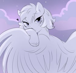 Size: 1269x1220 | Tagged: safe, alternate version, artist:sparjechkaa, imported from derpibooru, cloud, female, hiding face, lidded eyes, looking at you, purple sky, solo, spread wings, wings