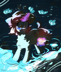 Size: 2550x3000 | Tagged: safe, artist:pakmur, imported from derpibooru, oc, oc only, oc:crispy cream, pony, unicorn, commission, flower, glasses, hat, horn, magic, ocean, shell, water