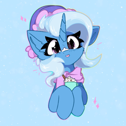 Size: 2000x2000 | Tagged: safe, artist:jubyskylines, imported from derpibooru, trixie, pony, unicorn, :p, blue background, clothes, cute, diatrixes, drink, emanata, female, food, hat, horn, looking at you, mare, mug, scarf, simple background, smoothie, snow, solo, tongue out, whipped cream