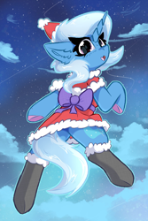 Size: 2000x3000 | Tagged: safe, artist:jubyskylines, imported from derpibooru, trixie, pony, unicorn, christmas, clothes, cloud, female, hat, holiday, horn, looking at you, looking back, looking back at you, mare, miniskirt, night, night sky, santa hat, skirt, sky, socks, solo, stars, stockings, thigh highs