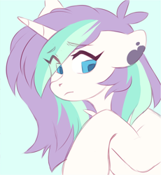 Size: 1276x1388 | Tagged: safe, artist:cheekipone, oc, oc only, oc:spilled ink, pony, unicorn, blue background, coat markings, eye clipping through hair, eyebrows visible through hair, female, floppy ears, horn, mare, raised hoof, simple background, solo, splotches, unicorn horn, unicorn oc, unshorn fetlocks, upper body, worried