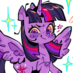 Size: 1080x1080 | Tagged: safe, artist:batzy-artz, imported from derpibooru, twilight sparkle, alicorn, pony, bangs, colored pupils, colored sclera, emanata, eyelashes, female, horn, lidded eyes, looking at you, mare, purple coat, purple eyes, purple pupils, raised hoof, shiny mane, simple background, smiling, smiling at you, solo, sparkles, spread wings, stars, straight mane, three quarter view, three toned mane, twilight sparkle (alicorn), unicorn horn, white background, wings, yellow sclera