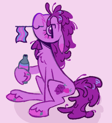 Size: 1280x1411 | Tagged: safe, artist:onionpwder, imported from derpibooru, berry punch, berryshine, earth pony, pony, alcohol, blush scribble, blushing, colored hooves, curly mane, curly tail, drink, eyelashes, female, flag, floppy ears, head tilt, holding flag, hoof hold, hooves, lidded eyes, looking at you, mare, mouth hold, pink background, pink hooves, pride, pride flag, profile, purple coat, purple eyes, purple mane, purple tail, requested art, shiny mane, shiny tail, simple background, sitting, smiling, smiling at you, solo, tail, trans female, transgender, transgender pride flag, unshorn fetlocks